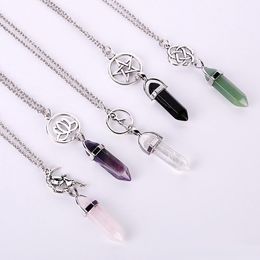 New Hexagonal Prism Quartz Natural Stone Pendant Necklace Star Lotus angel Crystal Healing Point Chakra charm Long chain For women Jewellery