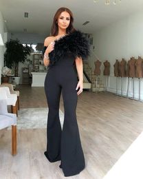 New Modern Prom Party Dress Black Jumpsuit Evening Dress One Shoulder Feather Pant Fashion Formal Gowns