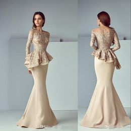 Cheap New Hot Prom Dresses Champagne Lace Appliques Satin Sheer Neck Sleeve Peplum Dubai Arabic Mermaid Long Evening Wear Formal Gowns