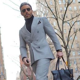 Grey Groom Tuxedos Double-Breasted Men Wedding Tuxedos Peak Lapel Jacket Blazer Popular Men Dinner/Darty Suit(Jacket+Pants+Tie) 1161