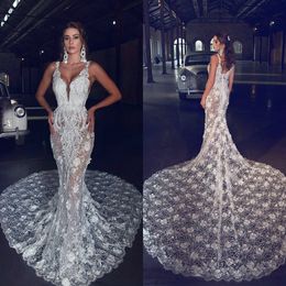 Sexy Illusion Bodice Mermaid Wedding Dresses Deep V Neck Lace 3D Floral Appliques Beach Wedding Dress Sweep Train Plus Size Robes De Mariée