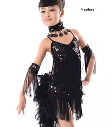 Free Shipping kids child girls latin Dress sequin tassel latin dress samba feather costumes ballroom dance competition dresses