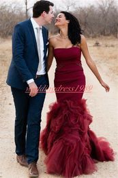 Perfect Arabic Tiered Mermaid Prom Dress Burgundy Strapless African Applique Pageant Robe De Soiree Evening Gowns Celebrity Special Occasion