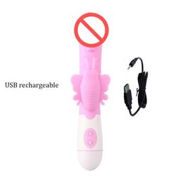 USB Rechargeable Butterfly G-spot 30 Speeds Dual Vibrators Vibrating Dildo Rabbit Vibrator Clitoris Stimulator Erotic Sex Toys