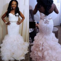 Beaded Sweetheart Mermaid Wedding Dresses 2019 Ruffles Sweep Train Back Covered Buttons Bridals Gowns Lace And Tulle Wedding Dress