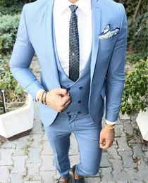 Excellent Sky Blue Groom Tuxedos Notch Lapel Groomsman Wedding Tuxedos Fashion Men Prom Jacket Blazer 3Piece Suit(Jacket+Pants+Tie+Vest) 861