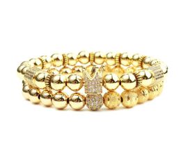 2pcs/Set Hip Hop Men Gold Crown Bracelets 8MM Metal Beads Charm Braiding Bracelet Man Jewelry Pulseira Bileklik