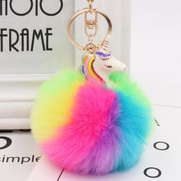 10pcs/Lot Girls Fashion Key Chain Jewellery Party Favours Keychains Rainbow Cute Unicorn Fluffy Balls Key Ring Baby Shower for Women Bags