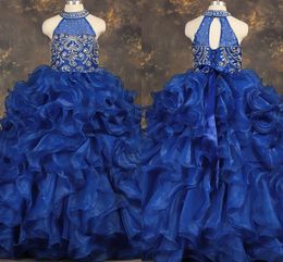 Royal Blue Organza Ruffles Princess Girls Pageant Dresses 2019 High Neck Beading Rhinestones Lace-up Flower Girl Dress Special Occasion Kids