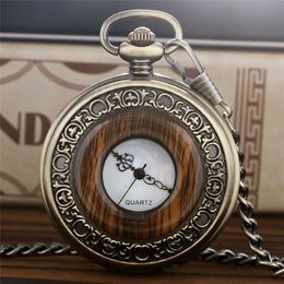 Retro Antique Pocket Watch Classic Wood Grain Round Hollow Cover Pendant Chain Vintage Men Women Quartz Analogue Clock Special Gifts