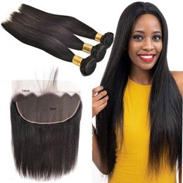 Indian Virgin Hair Extensions 4Pieces/lot Human Hair With 13X6 Lace Frontal Free Part Straight Bundles With Thirteen By Six Lace Frontal