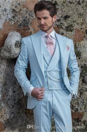 Light Blue Peak Lapel Man Work Suit Wedding Dress Blazer Man Dinner Party Busienss Suits Groom Tuxedos (Jacket+Pants+Vest+Tie) J759