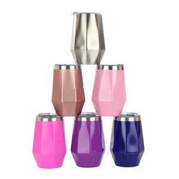 12oz Egg Cups Diamond Shape with Lids Water Bottles Stainless Steel Wine Tumbler Vacuum Thermos Coffee Mugs Drinking Cup 50pcs