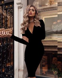 Fashion-7 Colors Women Dresses Bodycon Dresses Autumn And Winter Long Sleeve Sexy Deep V-Neck Party Mini Dress Ladies Solid Color S-XXL