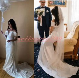 Simple Style Plus Size Mermaid Wedding Dresses Off Shoulder Satin 2020 White Spring Country Garden Bridal Gown Train Nigerian Bride Dress