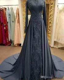 Elegant Grey Long Sleeve Lace Long Evening Dresses 2019 Crew Neck Applique Satin Sweep Train Formal Muslim Prom Party Dresses BC2001