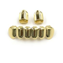 Hip Hop 18k Real Gold Grillz Dental Mouth Fang Grills Braces Plain Punk Up 2 Bottom 6 Teeth Tooth Cap Cosplay Costume Halloween Party Rapper Body Jewellery Wholesale