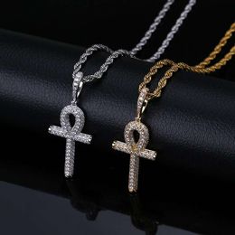 Yellow White Gold Ice Out CZKey Cross Pendant Necklace for Men Women Punk Jewelry Nice Gift for Friends