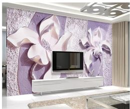 Embossed purple magnolia 3d TV background wall wallpaper for walls 3 d for living room