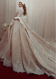 Luxury Ball Gown Muslim Wedding Dresses Elegant Champagne High Neck Lace Long Sleeves Country Bridal Dresses Chapel Train Plus Size Gowns