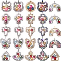 Glass Locket Cross Dragonfly Butterfly Cat head Rainbow Rhinestones Charms 8mm Beads Pearl Cage Magnetic Floating Locket Pendants