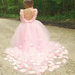 cheap belts for dresses UK - Princess Ball Gown Lace Flower Girls Dresses For Weddings Cheap Tulle Belt Bow Knot Custom First Communion Dress Gown