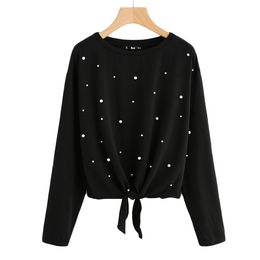 Fashion-New Pearl Beaded Knot Front Cute Tee Shirt Black Casual T Shirt For Women Long Sleeve Round Neck Women T -Shirts