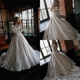 floral aline wedding dresses vneck long sleeve full appliqued lace beaded bridal gown sweep train custom made beach robes de marie cheap