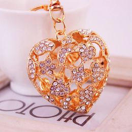 Fashion- Charm Hollow Style Floral Rhinestone Crystal Heart Pendant Metal Car Keychain Lobster Clasp Alloy Key Rings