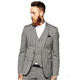 New Trendy Design Two Buttons Light Grey Groom Tuxedos Groomsmen Notch Lapel Best Man Suits Mens Wedding Suits (Jacket+Pants+Vest+Tie) 1010