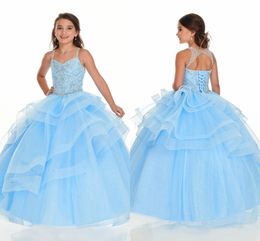 Baby Blue Bling Beading Cristal Girls Girls Pageant Vestidos 2022 Ruffles Bola Vestidos Espaguete Keyhole Back Mini Quinceanera Party Dresses Kids