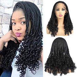 20Inch Natual Black Micro Braiding Hair Wigs with Curly End Synthetic Lace Front Wig With Baby Hair Half Braided Wigs For Black Women