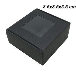 30pcs Lot Black 8.5x8.5x3.5 cm Kraft Paper Handmade Soap Storage Box with Window Kraft Paper Crafts Arts Packing Boxes for Cookies Chocolate