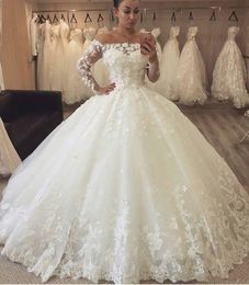 2020 A Line Wedding Dresses Off Shoulder Bateau 3D Flower Lace Applique Long Sleeves Sweep Train Arabic Puffy Ball Gown Formal Bridal Gowns