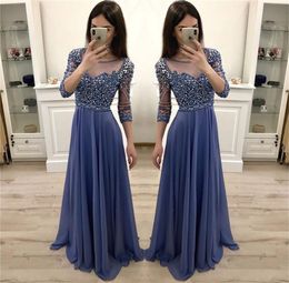 Luxury Heavy Beaded Crystals Blue Prom Dresses Long Elegant Chiffon Long Sleeve Evening Party Dresses Vestidos De Gala