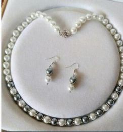 FREE SHIPPIN + + + 8MM White Grey Shell Pearl necklace earrings set