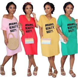 Plus size 2X Summer Women one-piece dress short sleeve one-piece skirt solid color casual deep V neck dress loose skirt 2889
