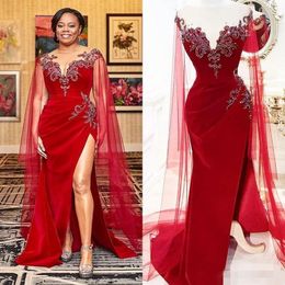 Red Mermaid Evening Dresses Luxury Beaded Crystal Side Slit Ruched Pleats Sweep Train Scoop Neck Custom Made Plus Size Prom Party Gowns