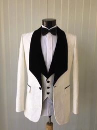 New Slim Fit One Button Ivory Wedding Groom Tuxedos Shawl Lapel Groomsmen Men Suits Prom Blazer (Jacket+Pants+Vest+Tie) 173