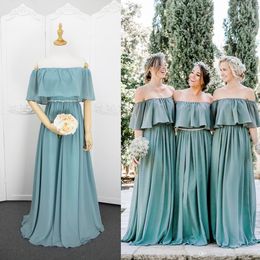 Stunning Off Shoulder Bridesmaid Dresses Lace Up Bohemian Bridesmaid Gowns Floor Length Chiffon Wedding Guest Dresses Robe De Mariee