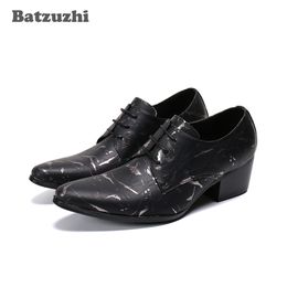 Batzuzhi 6.5cm High Heels Men's Ankle Boots Pointed Toe Black Genuine Leather Boots Men Lace-up Botas Hombre, Big Sizes US6-US12