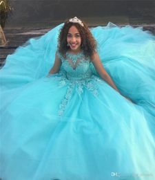 Light Blue Ball Gown Princess Quinceanera Dresses Cap Sleeves Appliques Vestidos de 16 Anos Puffy Tulle Prom Gowns Custom Designer