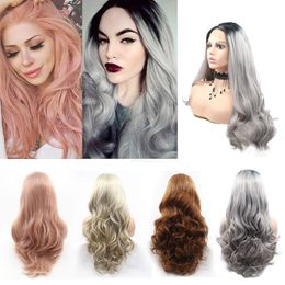 Ombre Grey Lace Front Wig with Black Roots Long Wavy Synthetic Wigs for Women Silver Grey Heat Resistant Synthetic Lace Wigs 24inches