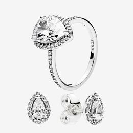 Authentic 925 Silver Teardrop RING and EARRING sets Original box for Pandora CZ diamond Women Wedding Jewelry tear drop Ring stud Earring