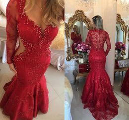 Red Lace Pearls Mermaid Prom Dresses Illusion Long Sleeve See Though Back V-neck Evening Gowns Formal Dress Pageant Dress Women Long