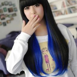 WIG G.D.EShipping Free Girls Lolita Cosplay Long Black & Blue Mixed Full Hair Wig