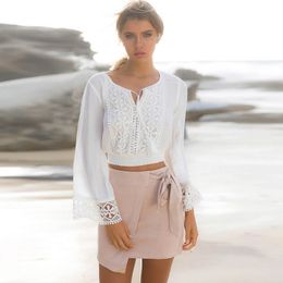 Women Boho Long Sleeve Floral Lace White Tops Blouses Hollow out Beach Elegant Shirt harajuku femme Clothes Summer Party Tops