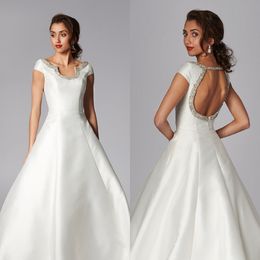 Simple A Line Grace Philips Dresses Short Sleeve Satin Crystal Hollow Wedding Gown Sweep Train robe de mariée