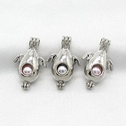 10pcs Silver Plated Cute Penguin Pearl Cage Lockets Fragrance Essential Oil Diffuser Necklace Making Charms for Oyster Pearl