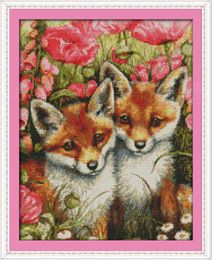 Two little foxes decor paintings ,Handmade Cross Stitch Craft Tools Embroidery Needlework sets counted print on canvas DMC 14CT /11CT